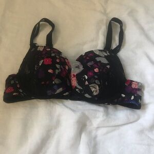 Torrid Black Bra with Pink Floral Pattern Underwire Padded Push-up 36C
